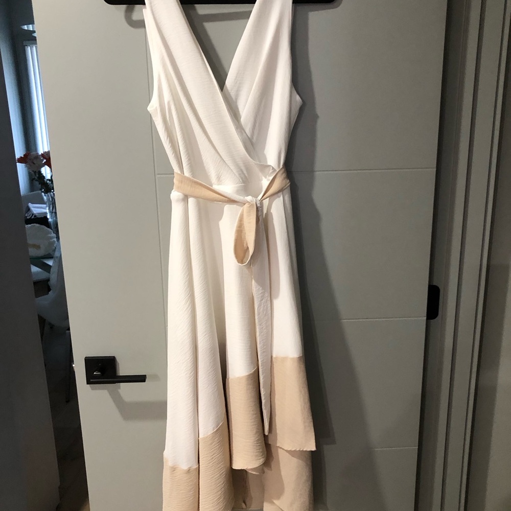 DKNY Asymmetrical White and Tan Dress